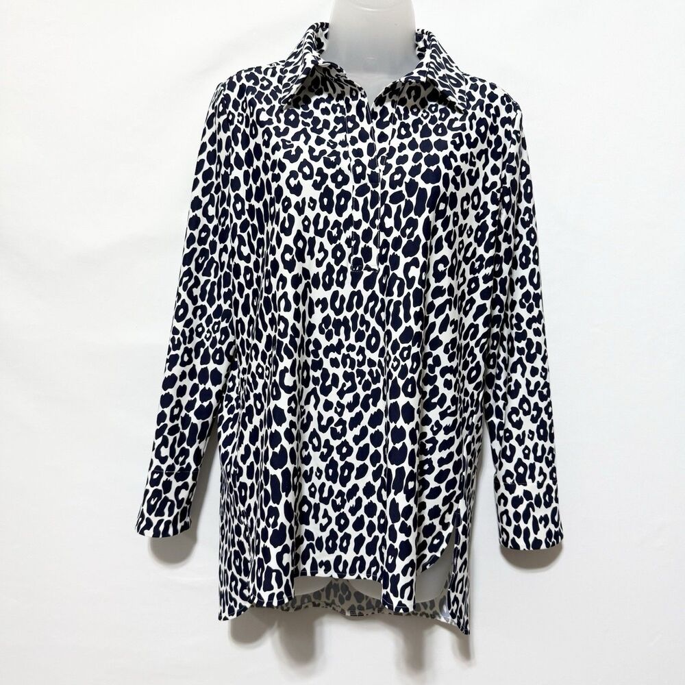 Jude Connally Blouse Women's Small Black White Leopard Print Tunic Stretch Top
